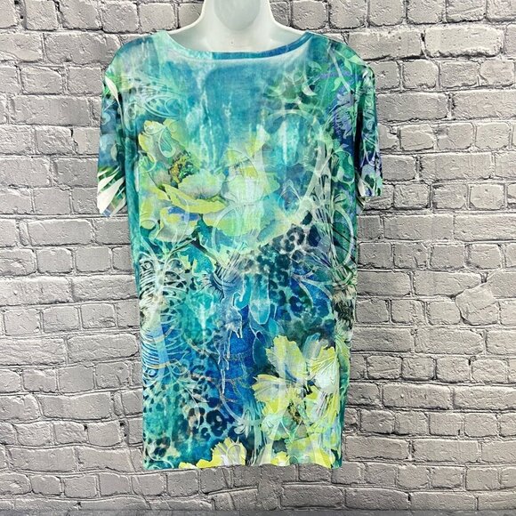 Style & Co Woman 1X Blue Green Floral Beaded V-Neck Short Sleeve Top - Picture 3 of 8